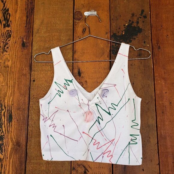 Vintage KnitWorksPaint Splatter & 3D Floral Crop Top - Picture 1 of 13